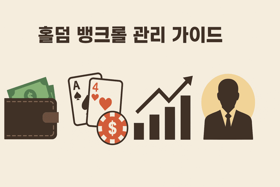 포커 칩과 지갑, 분할된 예산 구조(예: 캐시 게임, 토너먼트, 쇼트딥 스택 등)를 시각화