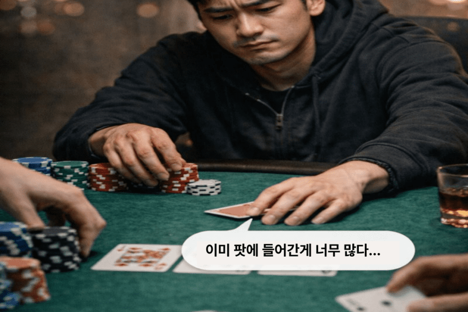 이미 프리플랍에서 스택 대비 무리한 콜을 하여 좌절하는 플레이어